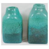 2 Art Glass Green Vases 8"