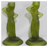 Pair Fostoria Olive Rebecca 10"  Candleholders