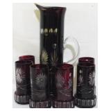 Bohemian Ruby Glass Pitcher & 6 Glasses