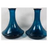 Pr Blue Art Glass Vases 11"