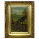 S. Firm "Two Horse Plow" 1900s Oil on Canvas