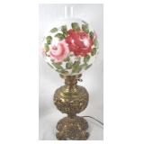 Vintage Rose Painted Globe Lamp - 26" Tall