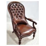Victorian Walnut Tufted Leather Arm Chair