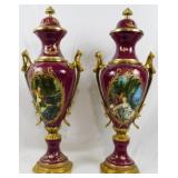 Vintage Painted Pair 23.5" Lidded Urns