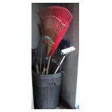 Trashcan w/ Assorted Yard Tools