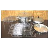 Lot of Pots, Pans, and Racks