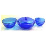 3 Blue Pyrex Dishes - 1 with Lid