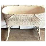 Vintage White Wicker Baby Bassinet on Wheels