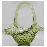 Fenton Hobnail Green Glass Basket 8x7x6