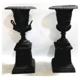 Pair Cast Iron Urns on Pedestals 41 x 19