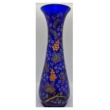 Enamel Painted Cobalt Glass Blown Vase
