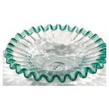 Crystal Bowl w/ Green Ruffled Rim 9"