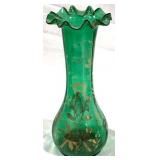 Green Art Glass Vase w/ Overlay 9.5"