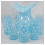 Fenton Opalescent Blue Coin Spot Water Set