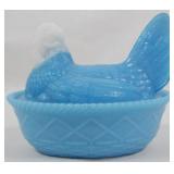 Blue & White Slag Glass Hen on Nest 4.5"