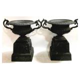 Pair Cast Iron Urns on Pedestal w/ Handles