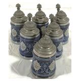 6 Vintage German Beer Steins w/ lids