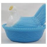 Blue & White Slag Glass Hen on Nest 4.5"