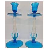 Pair Steuben Celeste Blue 10.5" Candlesticks
