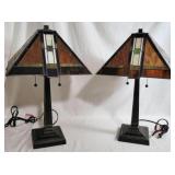 Pair of Square Stained Glass Shade Lamps