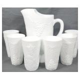 Milk Glass Vintage Grape Pitcher & 6 Tumblers