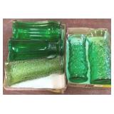 2 Trays Green Glass Vases