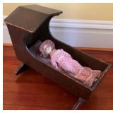 Wood Doll Cradle w/ Doll 18 x 10 x 27