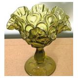 Avocado Green Glass Compote 6" Tall