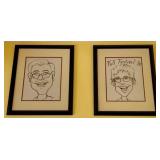 Pair Caricature Drawings 22 x 19