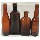 Lot of 4 Vintage Amber Glass Bottles