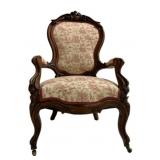 Nicely Carved Victorian Chair, Toile Upholstery