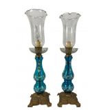 Matching Pair Hurricane Lamps, Blue Glass