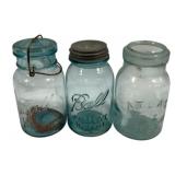 3 Blue Glass Mason Jars 8"