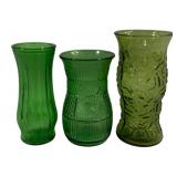 3 Vintage Green Glass Vases