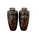 Pair of Oriental Metal/Enamel Vases - 9" tall