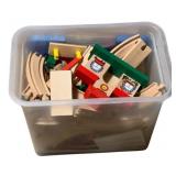 Plastic Tote w/ wood Train Set & tracks