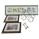 Assorted Art, Large Brass Keys & Wine Holder