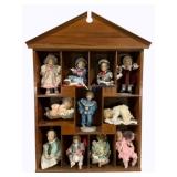 Wood Display Case w/ 11 Porcelain Dolls