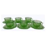 6 Green Uranium Glass Cups & Saucers - 5.5 x 2.2