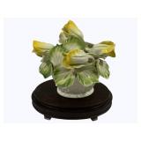 Ceramic Flower w/ Wood Base - 11 x 9 x 7