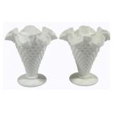 2 Fenton Milk glass Hobnail Crimped Footed Vases