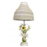 Vintage Metal Floral Lamp, Wicker Shade 34"