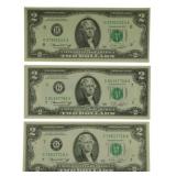 3 Green Seal 2 Dollar Bills
