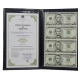 Uncut Sheet of $5 Bills with Certificate