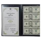 Uncut Sheet of $5 Bills with Certificate