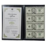 Uncut Sheet of $5 Bills with Certificate
