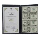 Uncut Sheet of $5 Bills with Certificate