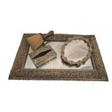 Vtg Ornate Brass Vanity Set w/ Mirrored Tray