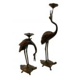 2 Toyo Japan Bronze Crane on Turtle Candleholders