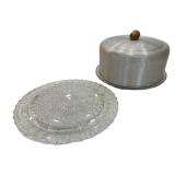 2 Pressed Glass Cake Plates w/ Aluminum Cover